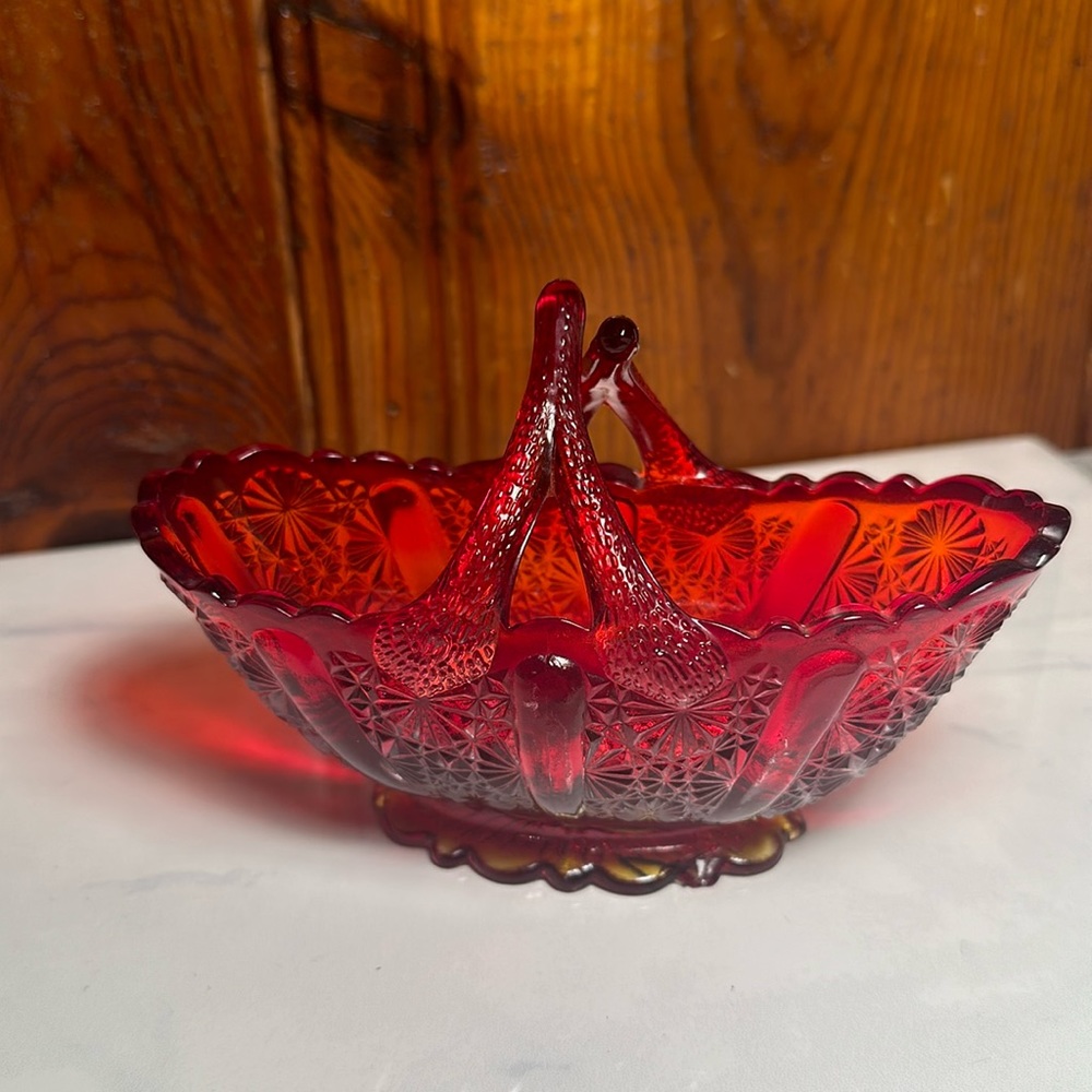 Fenton Ruby Twig Handle Basket